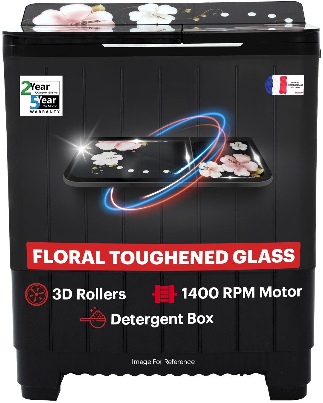 10 kg 5 Star Aqua Magic Grande Series with Floral Toughened Glass with Soft Closure and Double Waterfall Semi Automatic Top Load Black, Grey