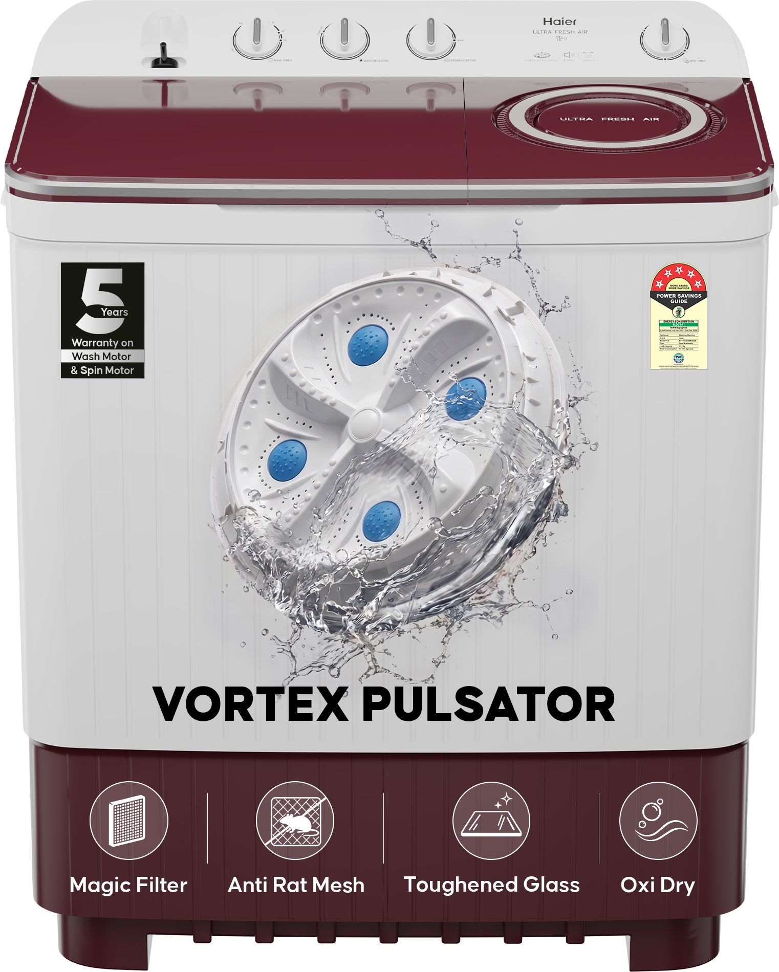 11 kg Vortex Pulsator, Oxyi Dry, Magic Filter, Anti Rat Mesh & Castor Wheels Semi Automatic Top Load Maroon, White-image-39