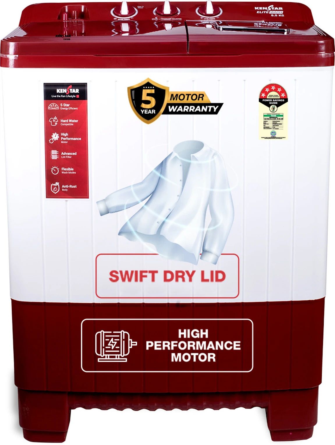 kenstar 10 kg Semi Automatic Top Load Red, White-picture-19
