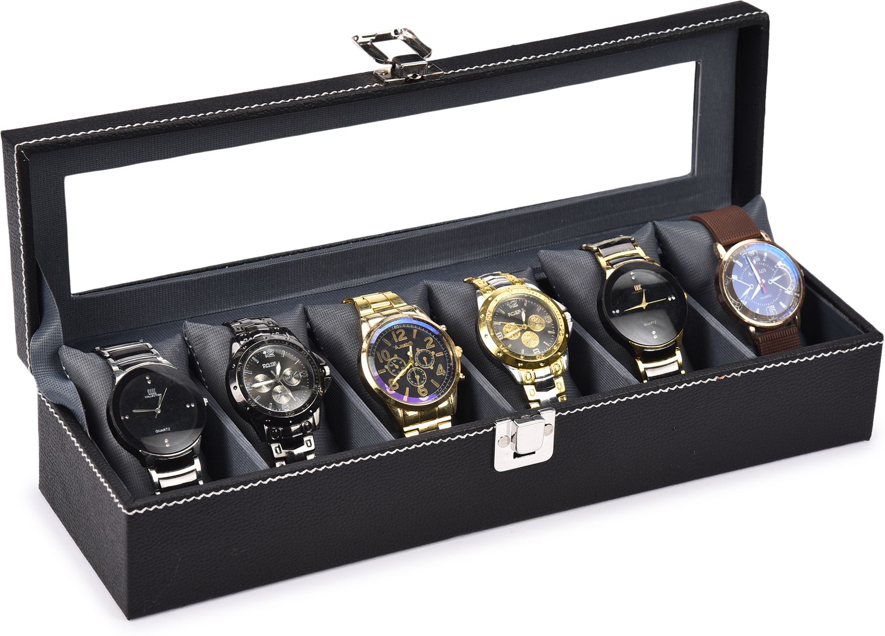 Men's and Women's Watch Box Holder Organizer Case in Black color(6 Compartments) Watch Box