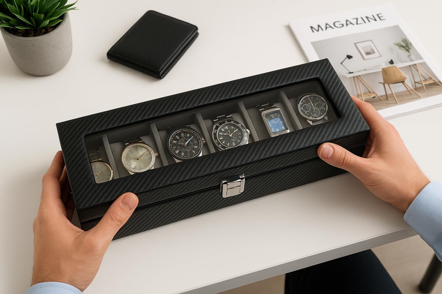 Venice - Black with Contrast Beige white thread Stitch 6 Watch Luxury Box Watch Box-image-26