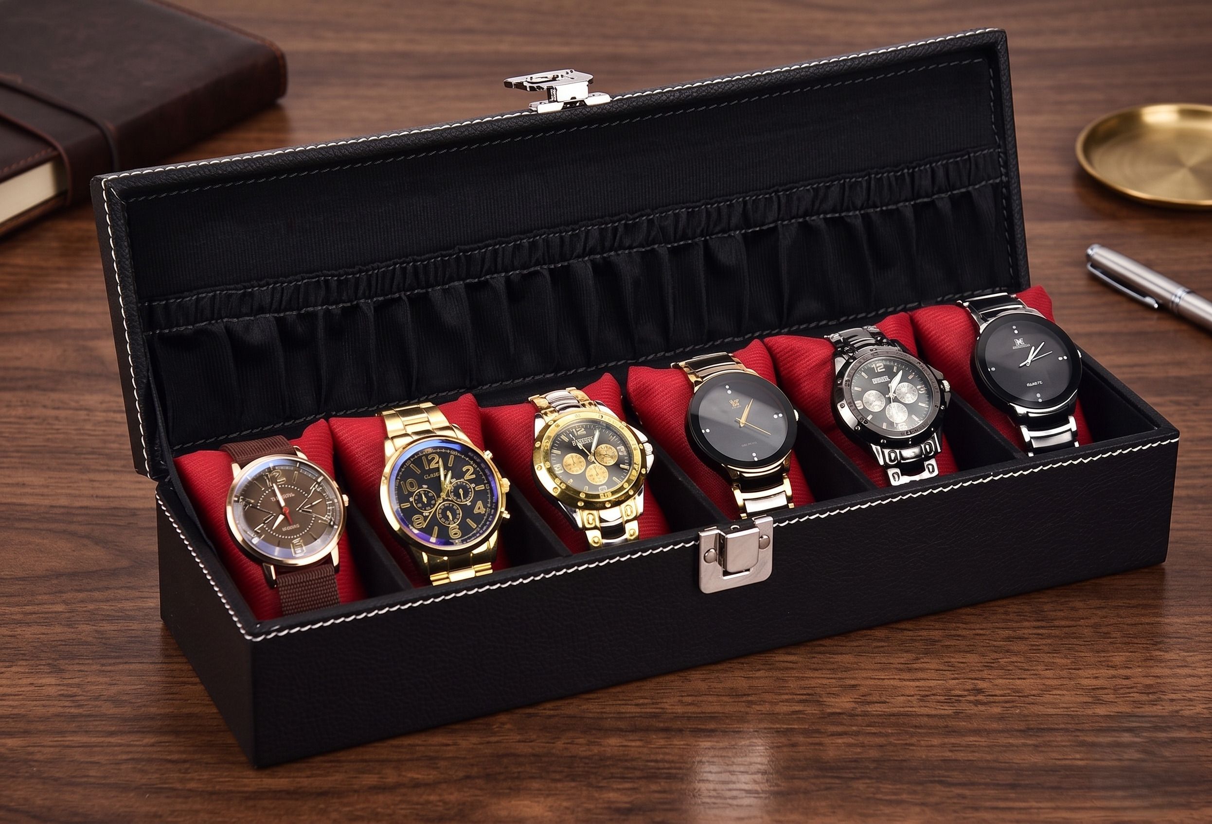 Men's and Women's Watch Box Holder Organizer Case in Black color(6 Compartments Watch Box-image-39