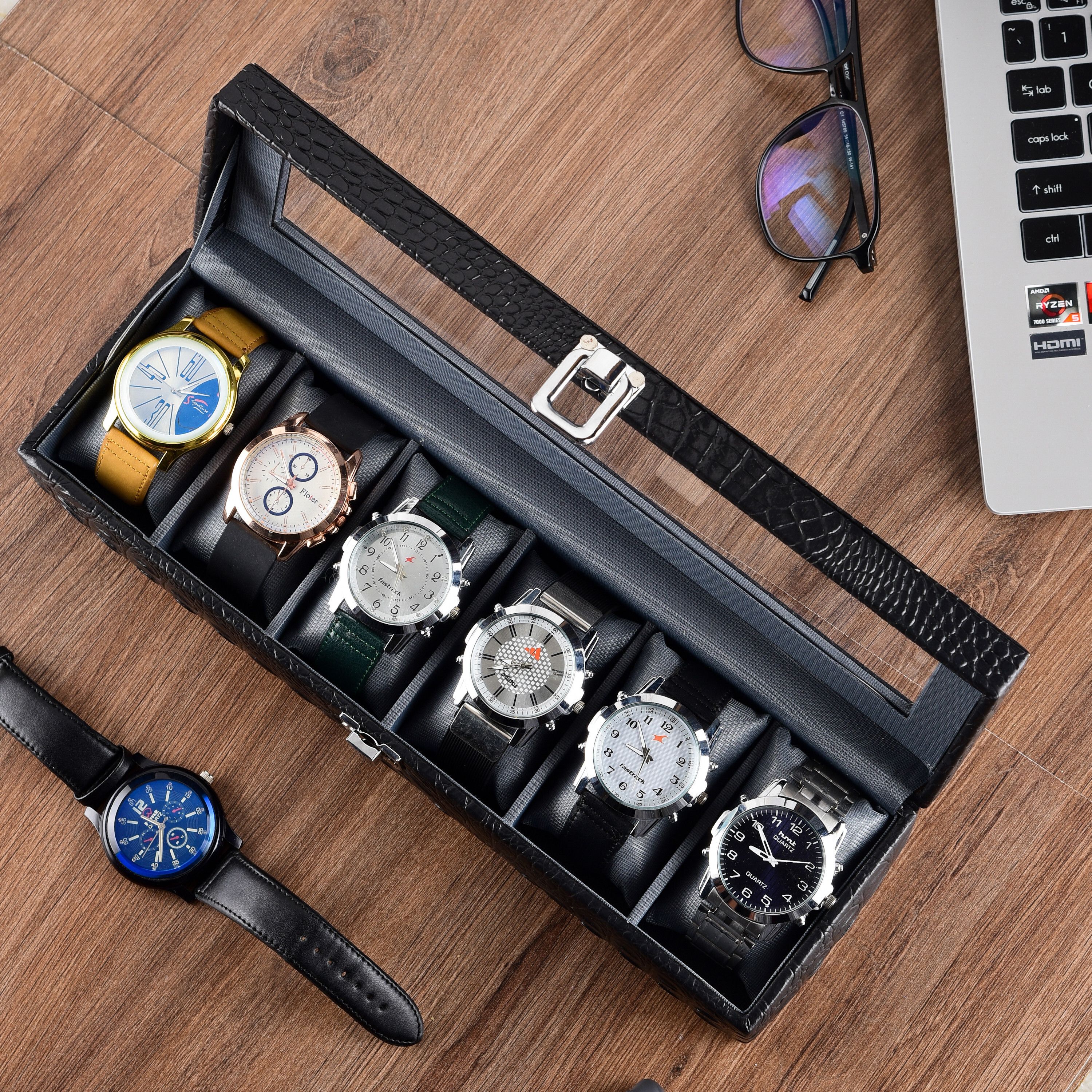 Unisex Stylish Black 6 Slots Watch Box Organizer Watch Box-image-24