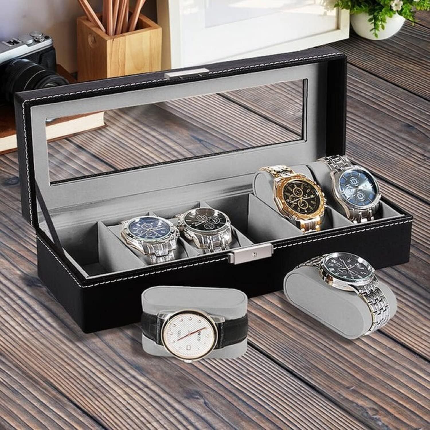 zvonko Leather 6 Slot Transparent Glass Men and Women Watch Storage Holder Watch Box-picture-17