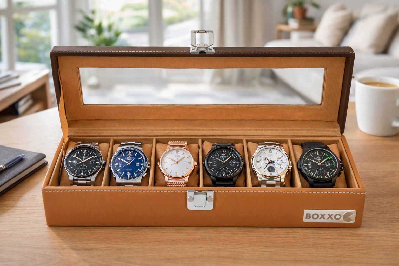 Premium 6-Slot Watch Box with Glass Display – Tan & Brown Watch Box-image-44