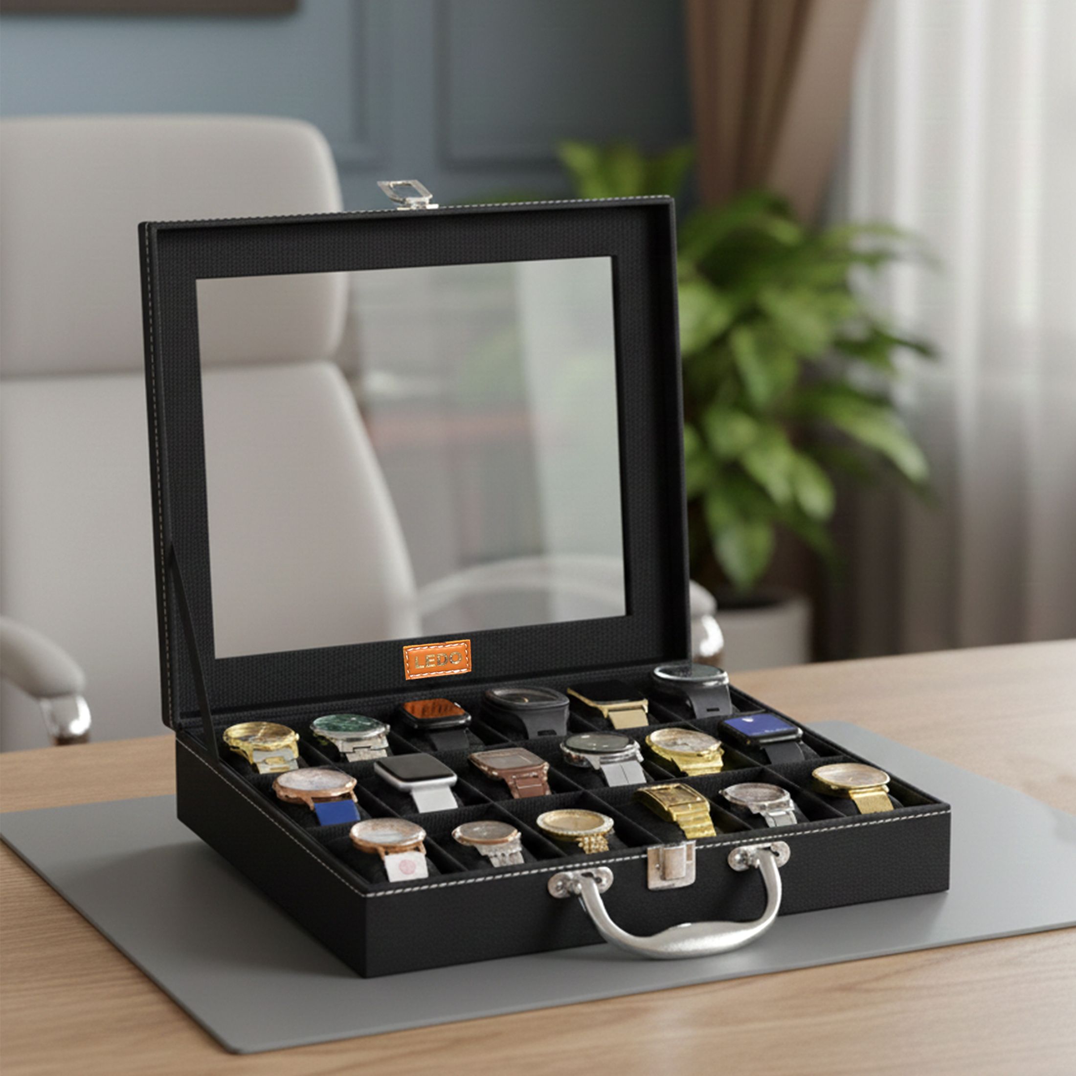 Watch Box Organizer Case In 18 Slots of Watches In PU Leather with Black color Watch Box-image-20