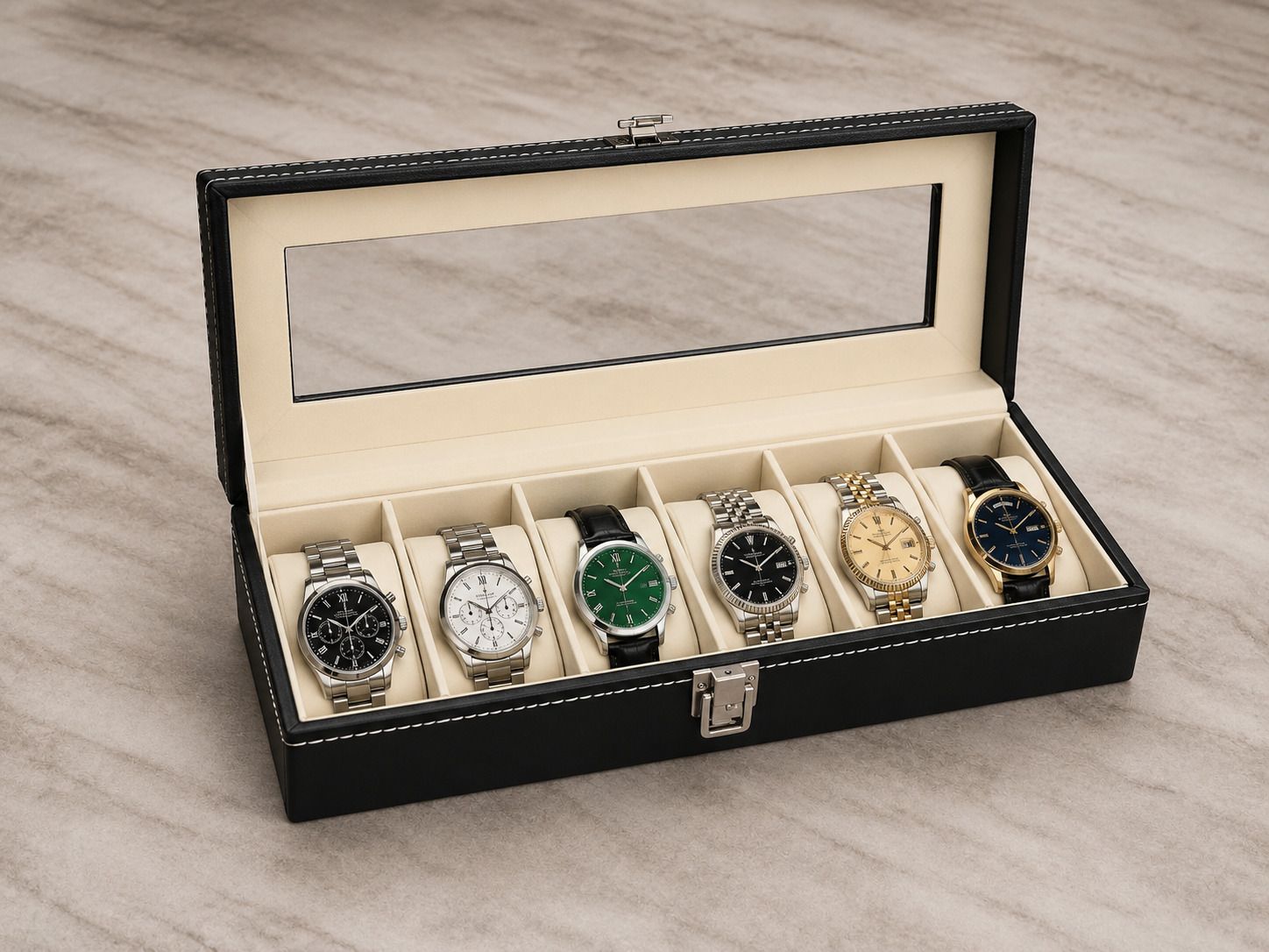 thedreambig 6 Slot Premium Leather Watch Storage Box with Glass Display Lid Watch Box-picture-2