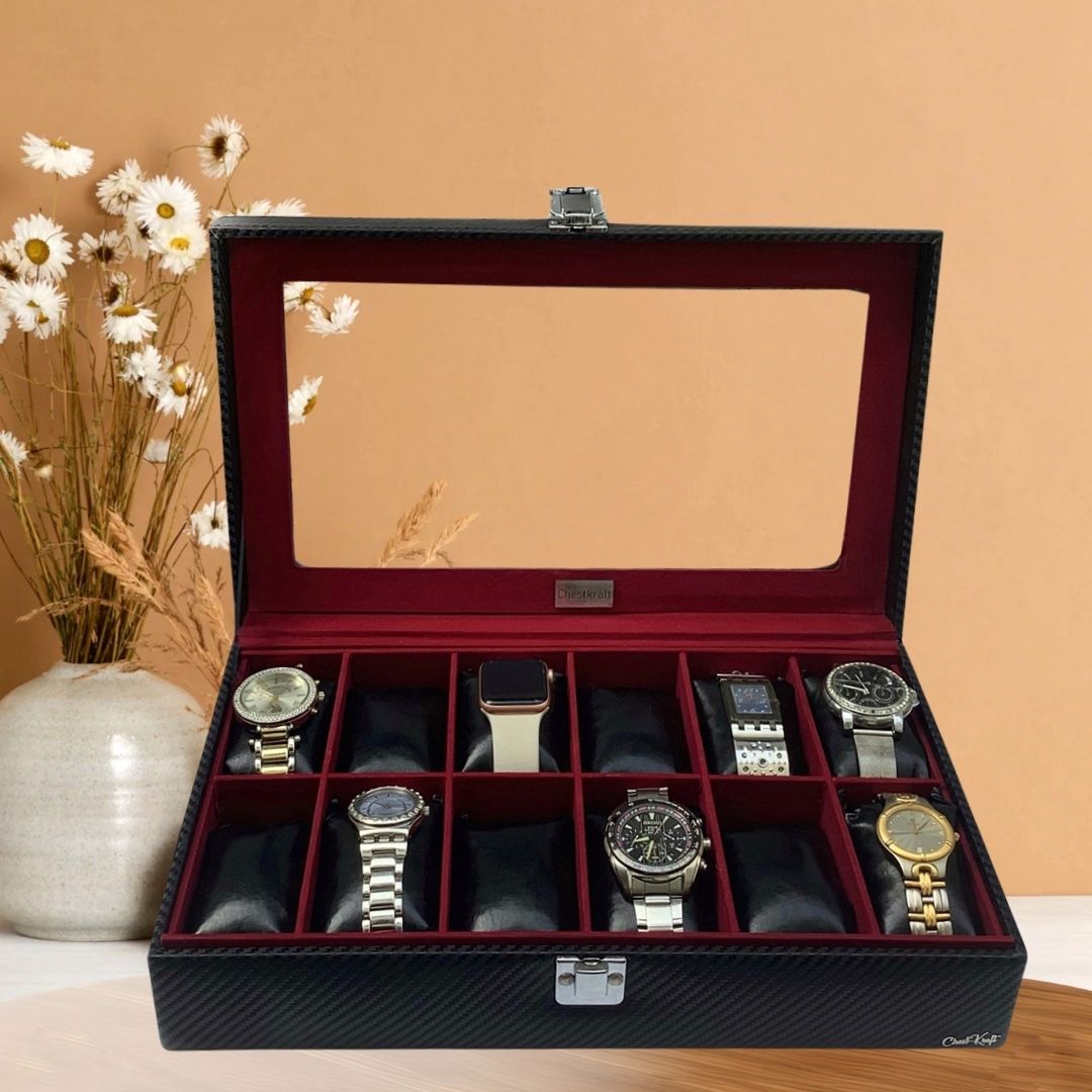 “Black Gold Pearl”12 Slot Watch Box Organizer with Transparent top , Gloss Black with contrast Grey Suede, , Made in High Quality Leatherette and Velvet Watch Box