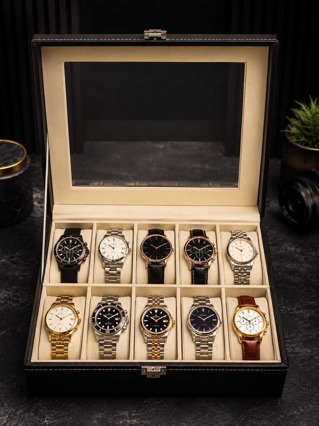 10 Slot Premium PU Leather Watch Storage Box with Glass Lid Luxury Watch Watch Box-image-27