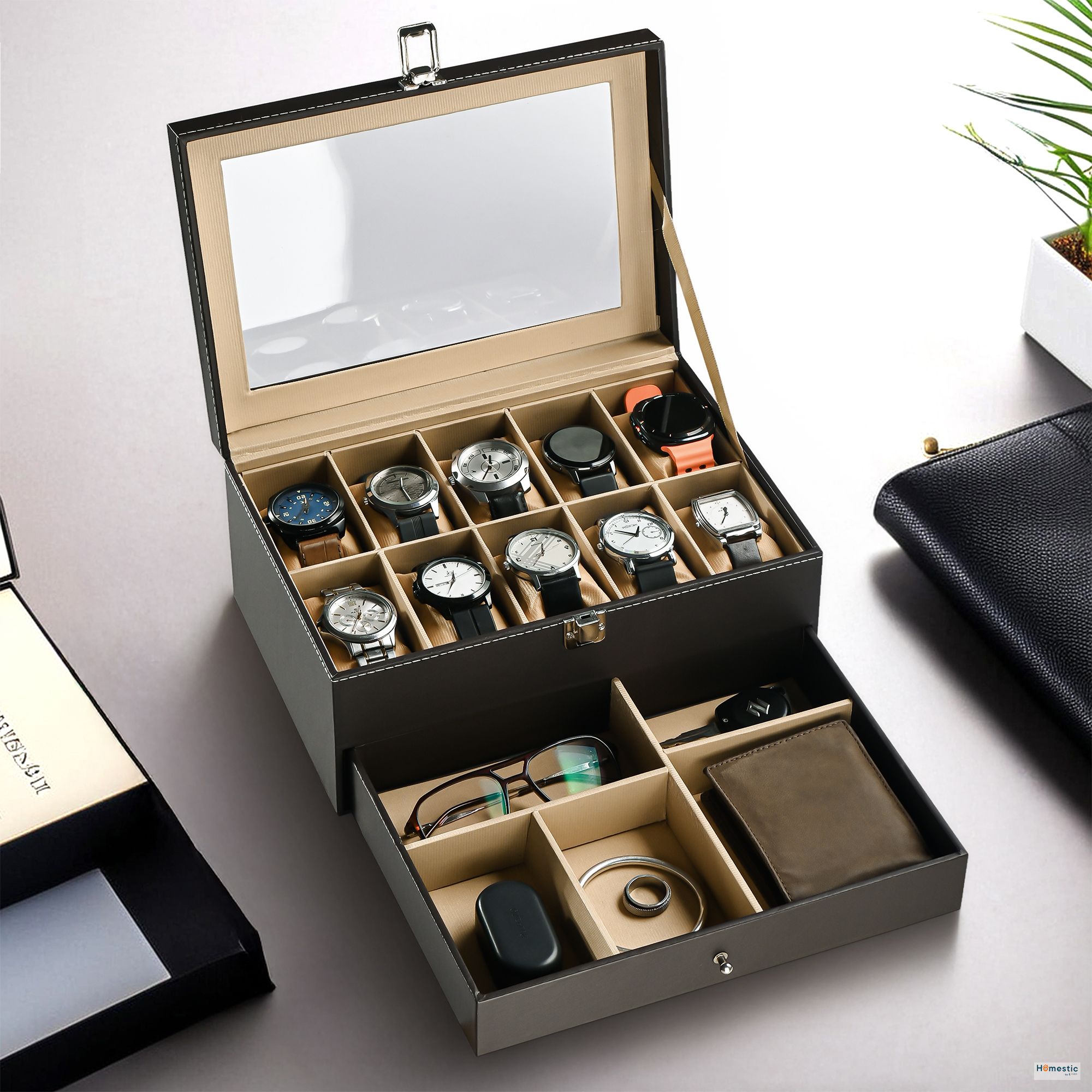 10 Slots Wrist Watch Organiser Box for Men & Women | Brown & Golden Watch Box-image-40