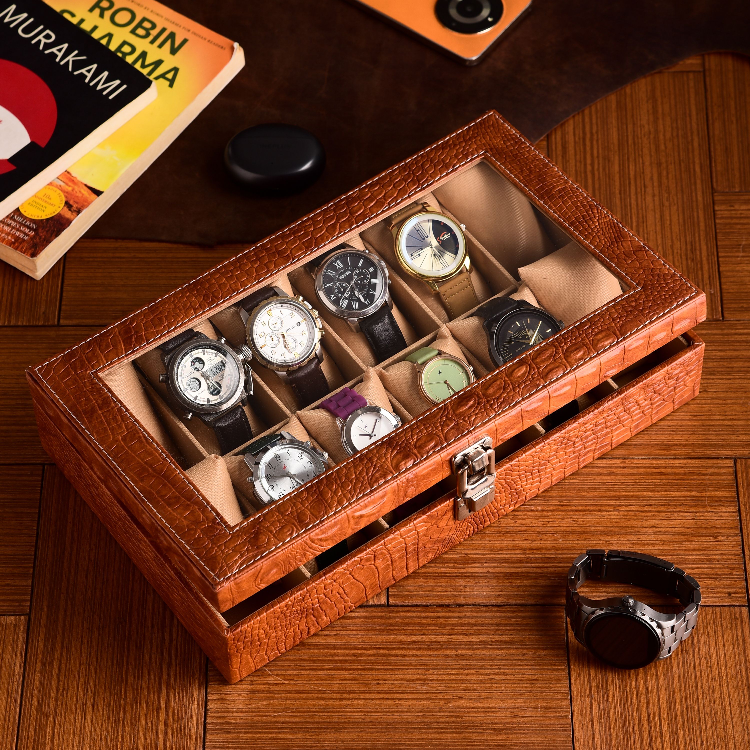 Watch Storage Box for 12 Watches – PU Leather, Soft Cushion, Gift for Men Watch Box-image-9