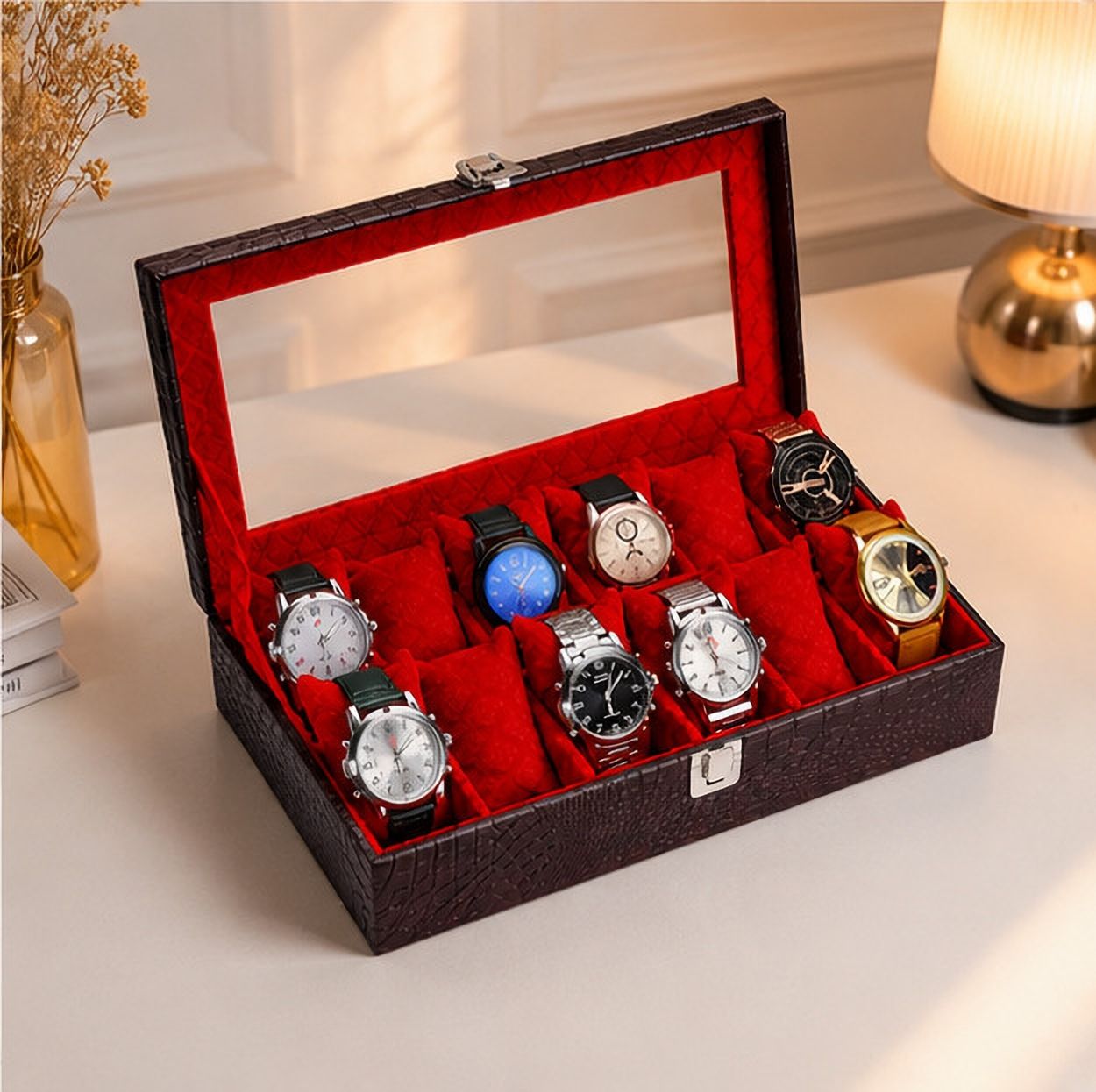 12 Slot Watch Display Case PU Leather Velvet Cushions Watch Box-image-29