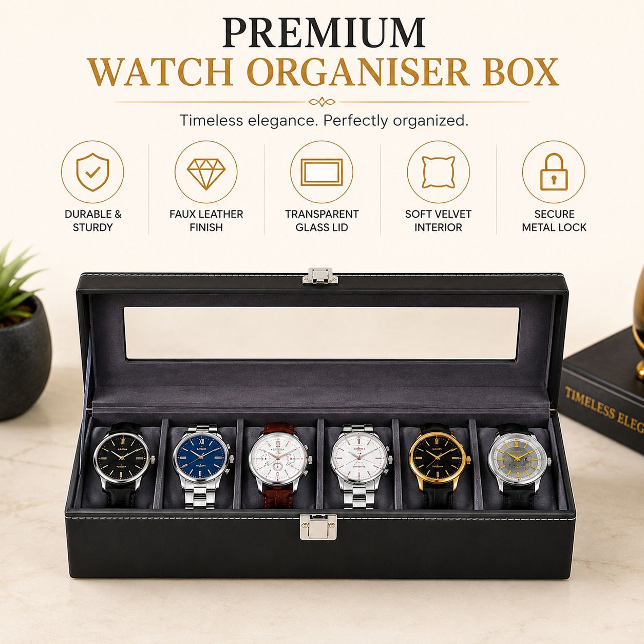 6 Slot Premium Watch Storage Box with Glass Lid, Lock & Velvet Interior Black Watch Box-image-28