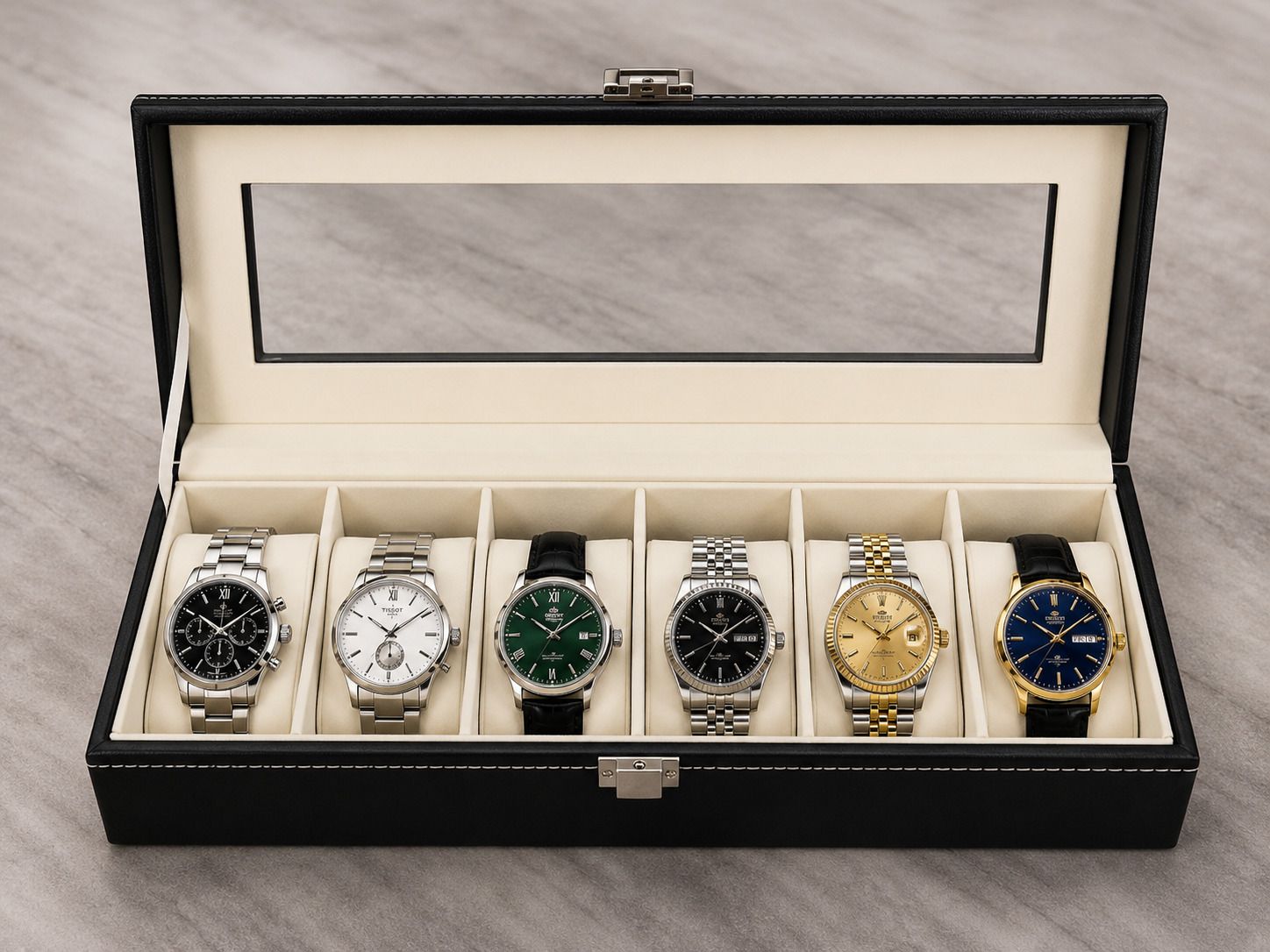 6 Slot Premium Leather Watch Storage Box with Glass Display Lid Watch Box-image-24