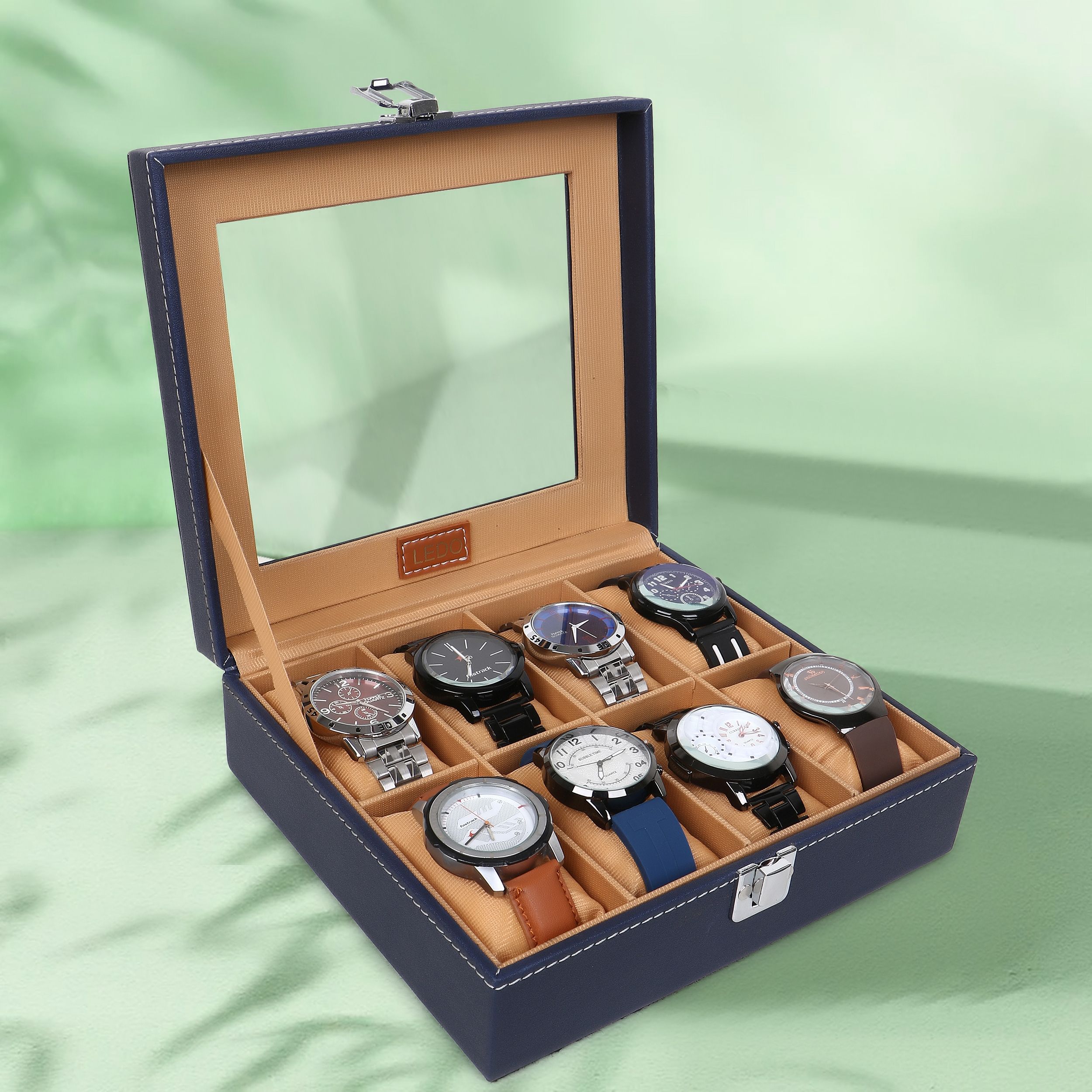 Watch Box Organizer with 8 Slots PU Leather Blue and Cream Transparent Display Watch Box-image-5