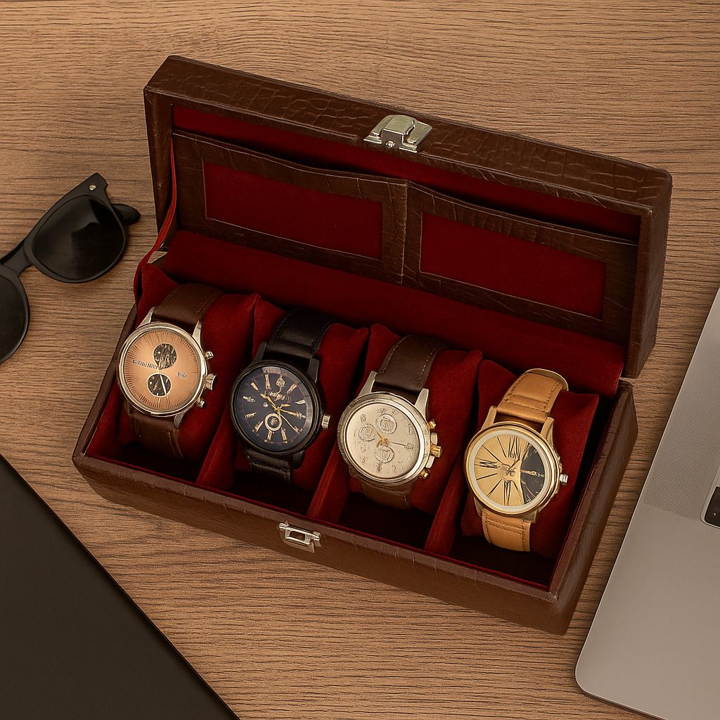 4 Slots Brown Unisex Watch Box Organiser Watch Box-image-28