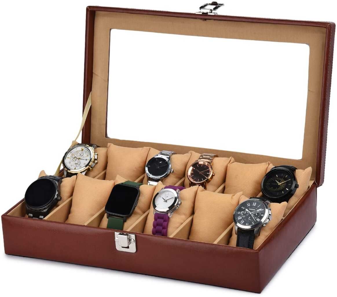 Premium 12-Slot Luxury Watch Organizer Box with Transparent and Velvet Brown Watch Box-image-1