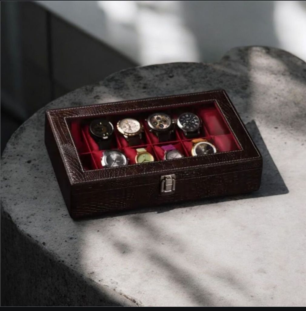 rs enterprises Premium Brown 12 Slot Watch Storage Box with Transperent Top and Lock Watch Box-picture-11