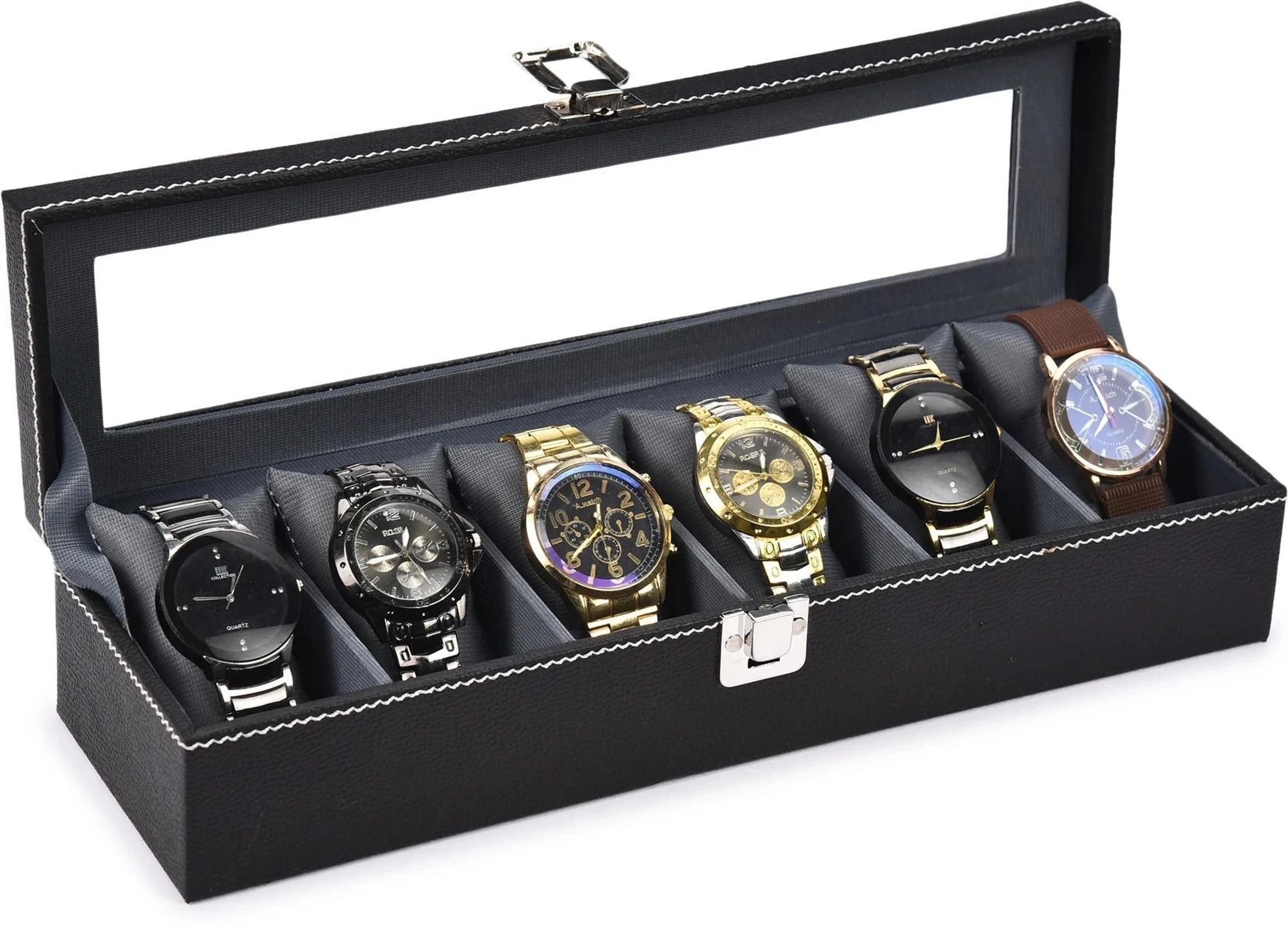 Men's and Women's Watch Box Holder Organizer Case in Black color(6 Compartments) Watch Box-image-4
