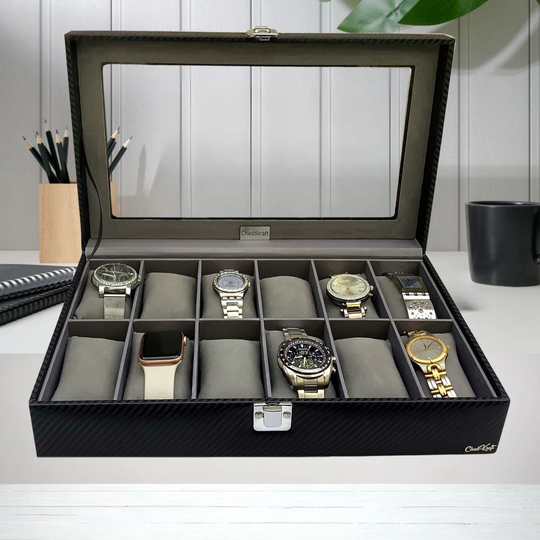 “Black Pearl”12 Slot Watch Box Organizer with Transparent top , Gloss Black with contrast Grey Suede, , Made in High Quality Leatherette and Velvet Watch Box
