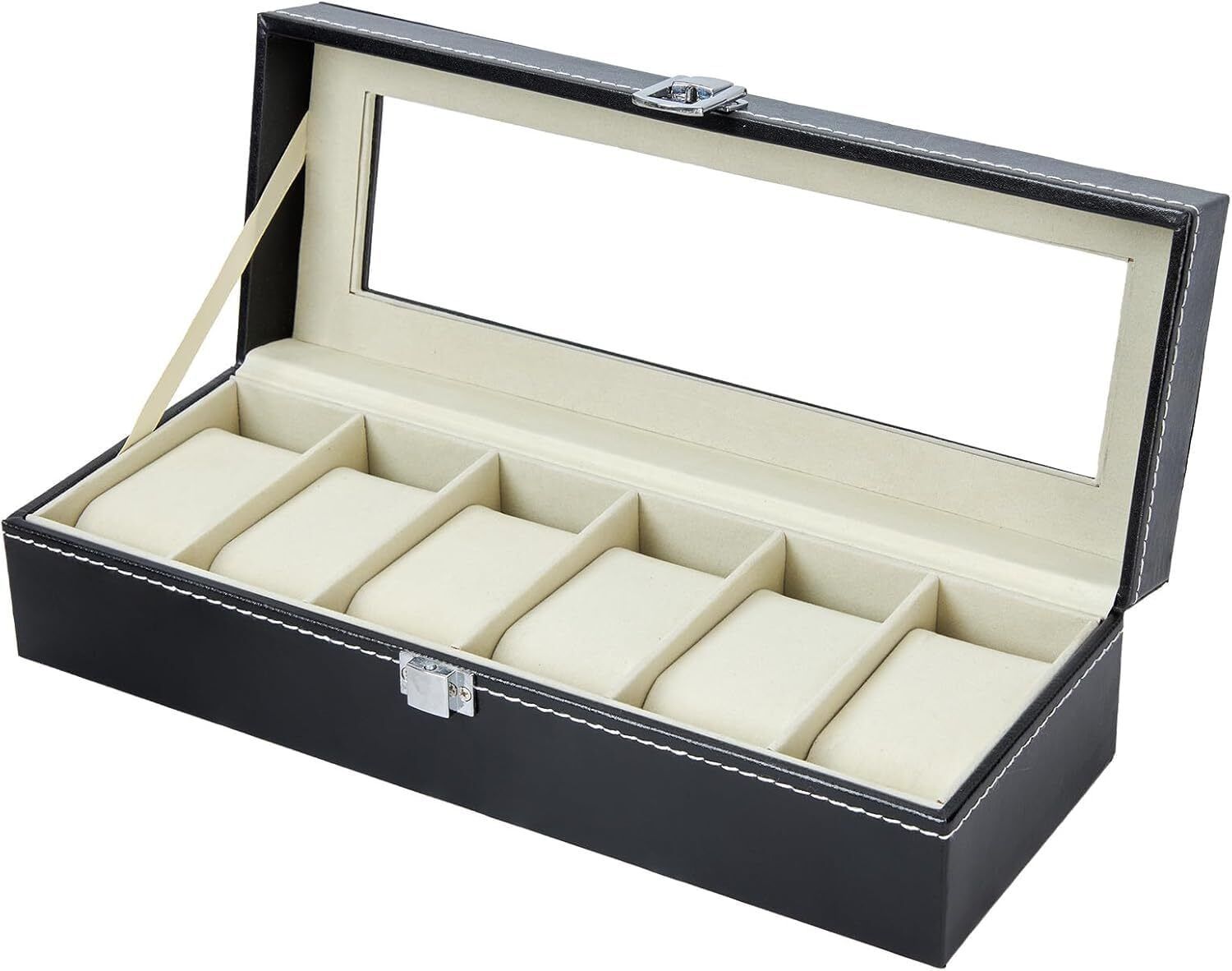 xdharmisht 6 Slot Leather Watch Box with Glass Lid Watch Storage Organizer Black Watch Box-picture-0