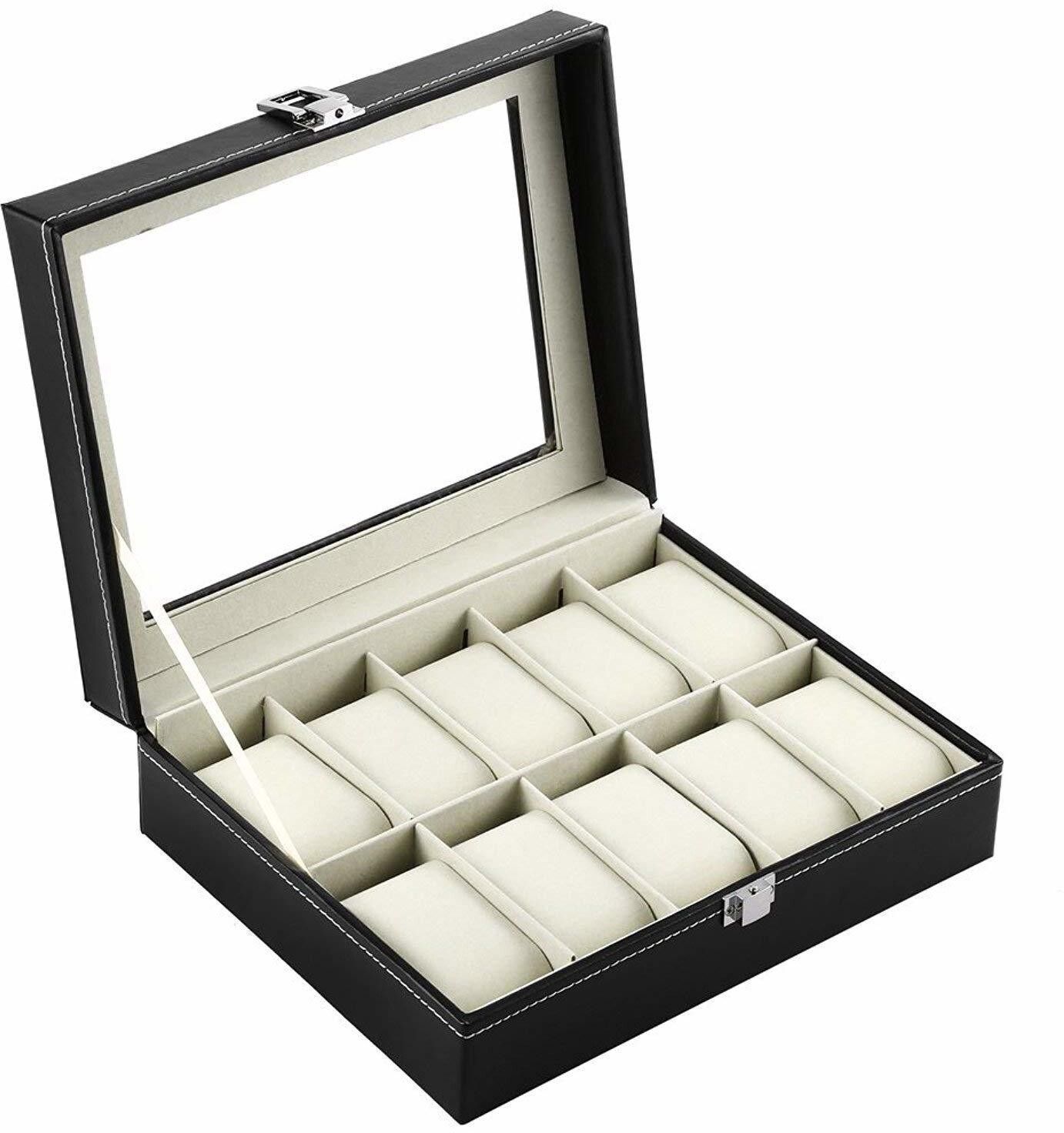 Leather Watch Storage Box with Finish and Glass Window Metal Lock with 10 Slots 25 x 20 x 8 cm, 1- Piece Watch Box-image-20