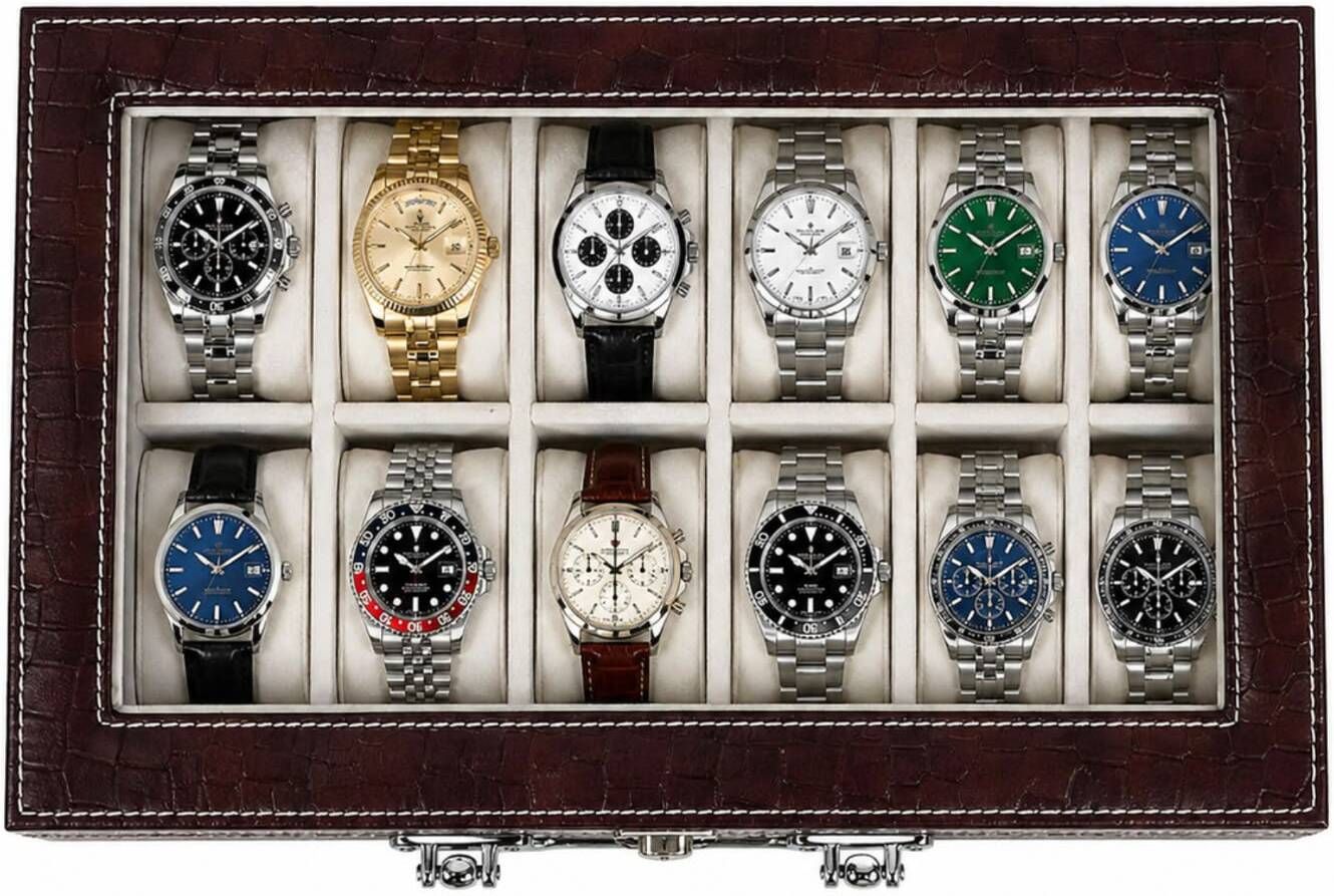 12-Slot Watch Storage Case, Crocodile Texture Finish, Glass Display Top, Watch Box-image-20