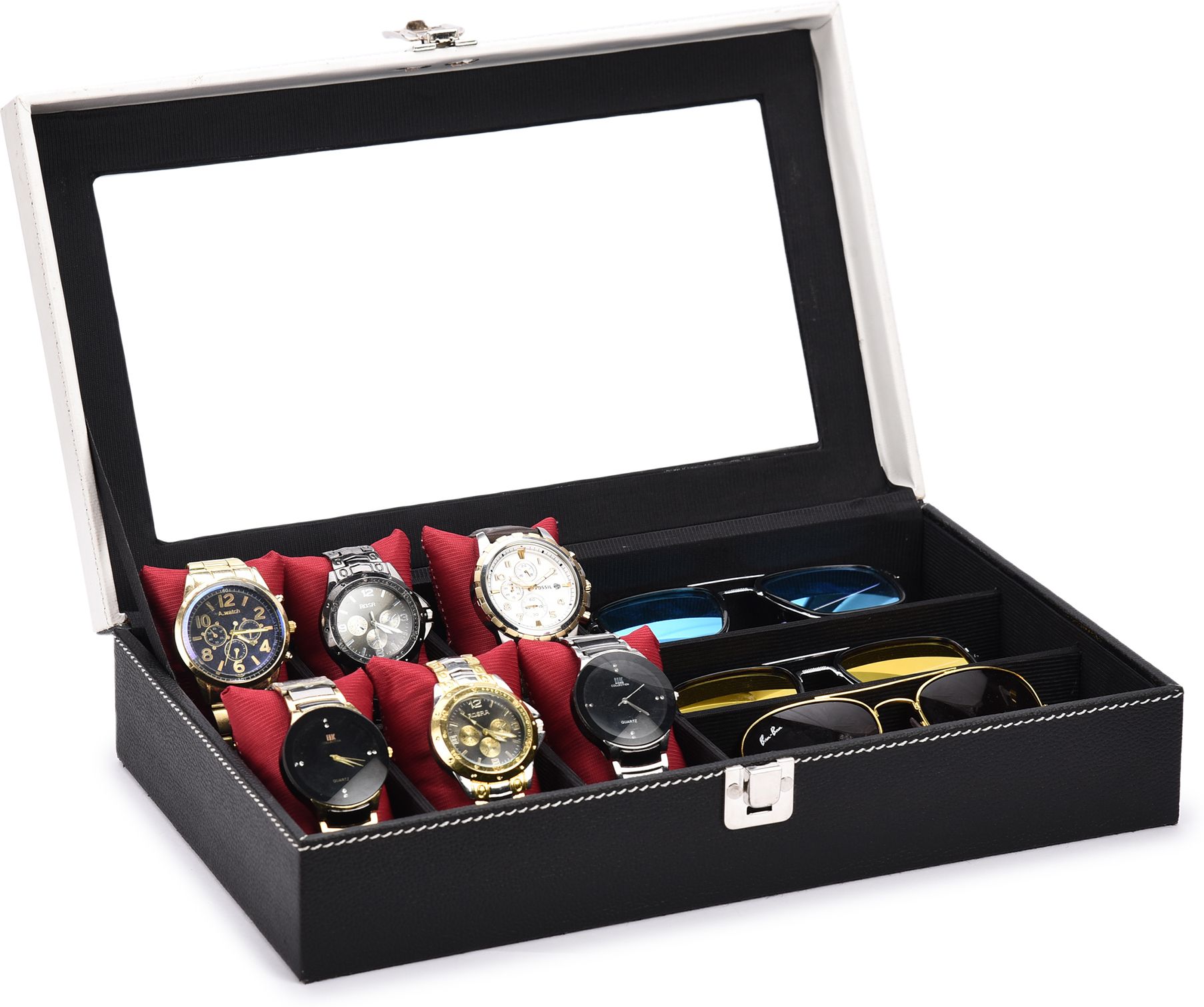 Men's & Women's Watch Box Holder Organizer Case Black(6 Watches & 3 sunglasses) Watch Box-image-6