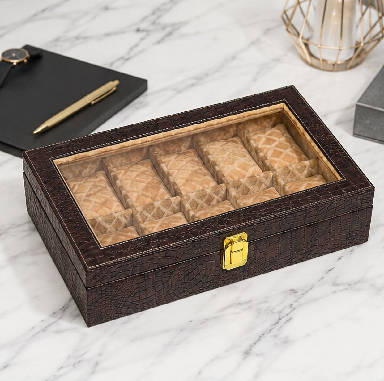 laam alif 12 Slot Premium PU Leather Watch Box with Glass Lid Lockable Watch Box-picture-16