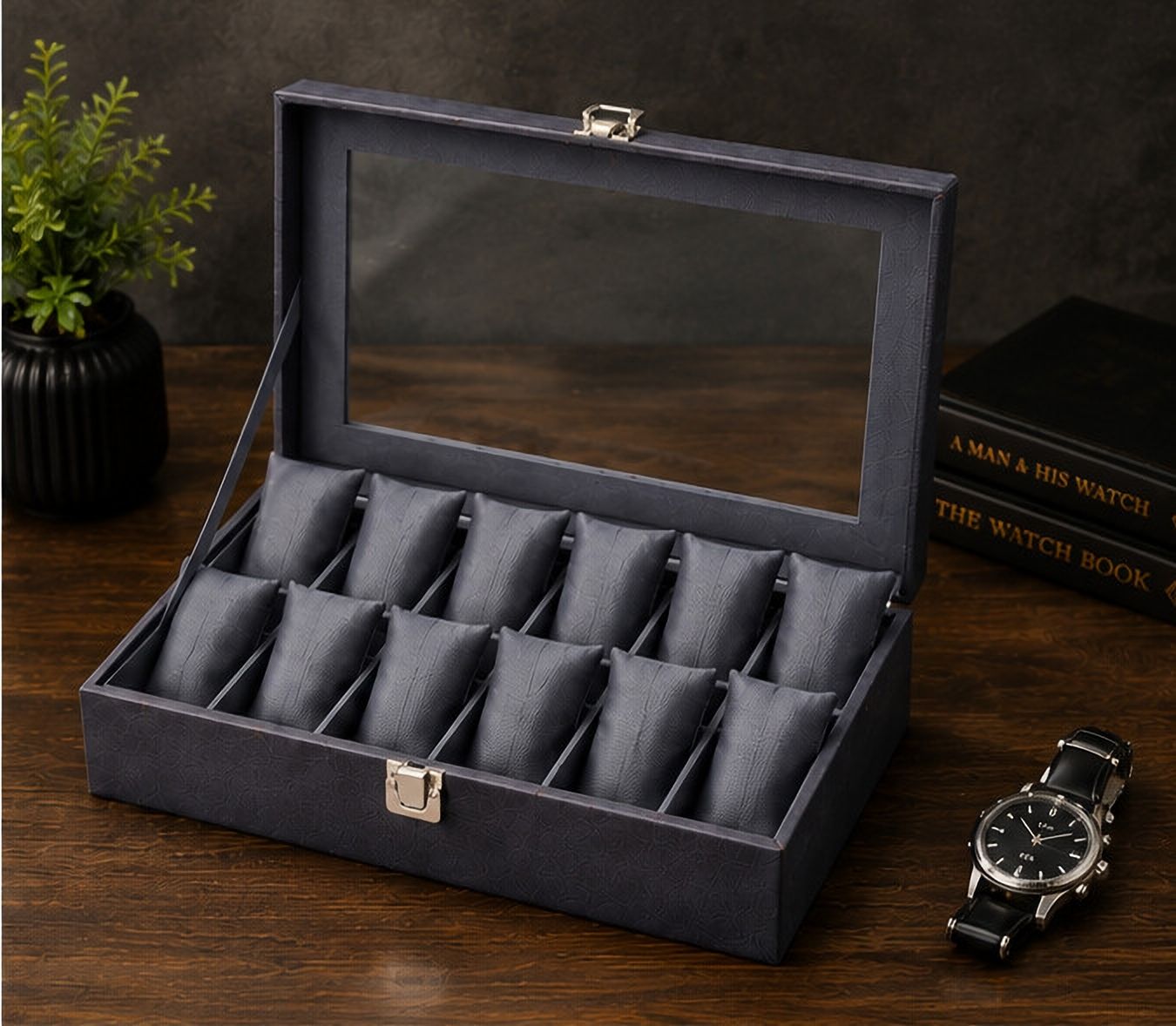 Premium 12 Slot Watch Box Organizer Black Watch Box-image-2