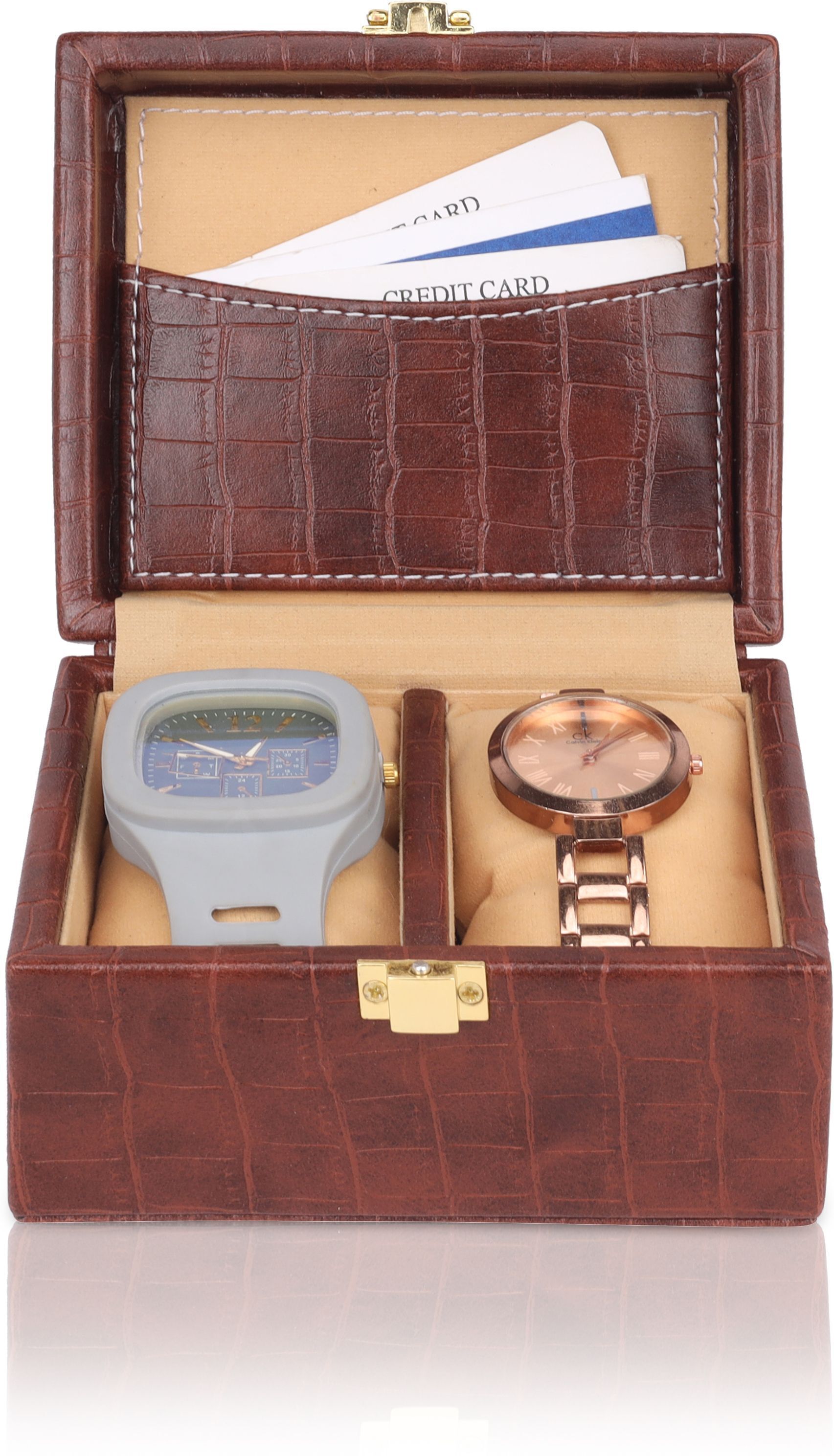 Premium Crocodile-Textured Dual Watch Storage Organizer with Card Holder Watch Box-image-18