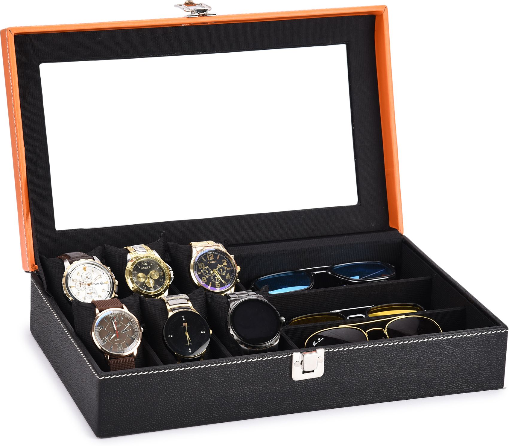 Men's & Women's Watch Box Holder Organizer Case Black(6 Watches & 3 sunglasses) Watch Box-image-8