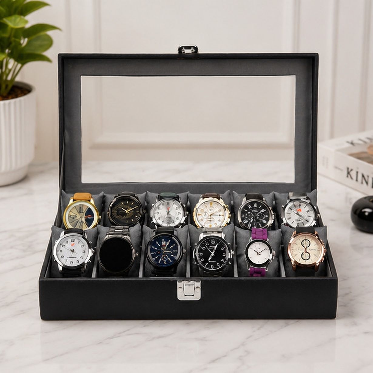 12 Slot Watch Display Case PU Leather Glass Top Watch Box-image-26