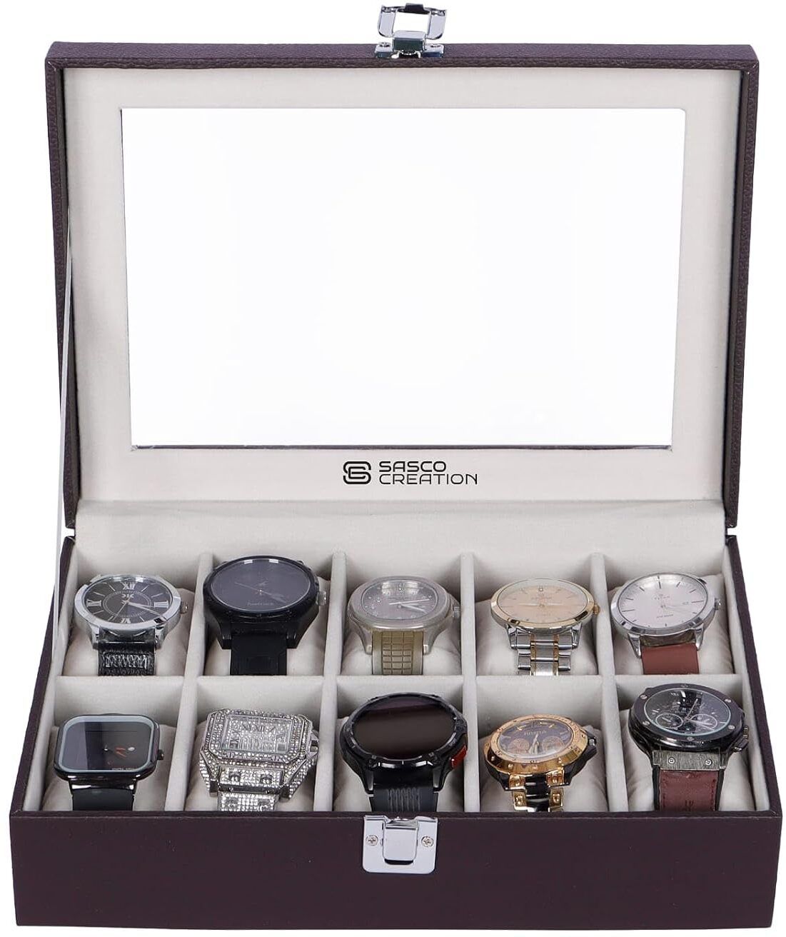 Elegant PU Leather Brown Watch Box with Glass Lid for Stylish Storage Watch Box-image-1