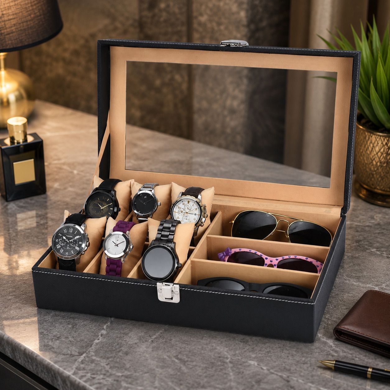 Men's and Women's Watch Box Holder Organizer Case in Black color(9 Compartments) Watch Box-image-4