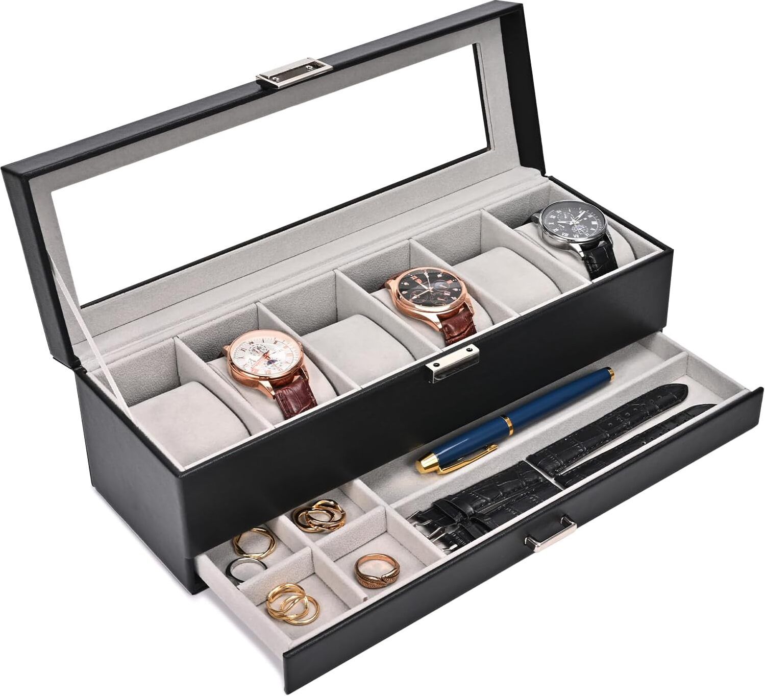 6 Slots Watch Box Organiser for Men & Women - Watches Storage Holder Drawer Case Watch Box-image-0