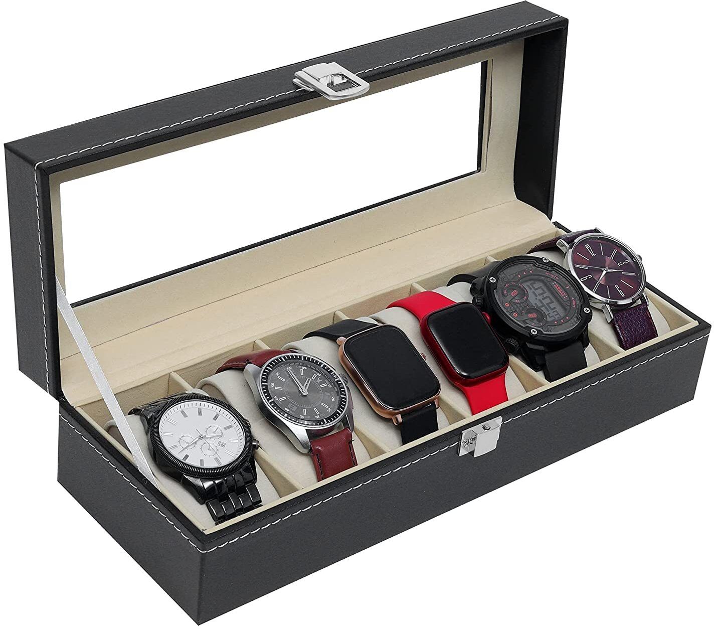 6 Slot Watch Storage Holder with Transparent Glass-Watch Case Watch Box-image-5