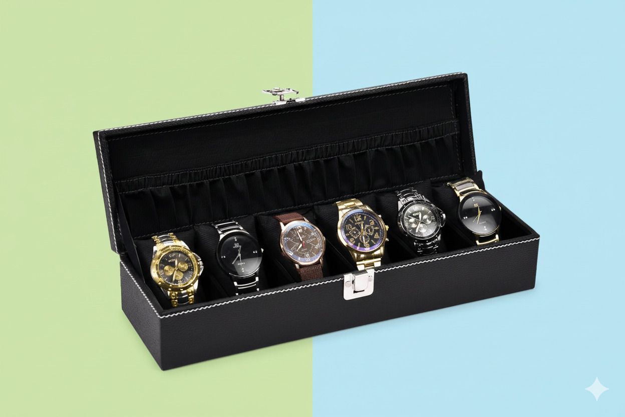 Men's and Women's Watch Box Holder Organizer Case in Black color(6 Compartments Watch Box-image-40