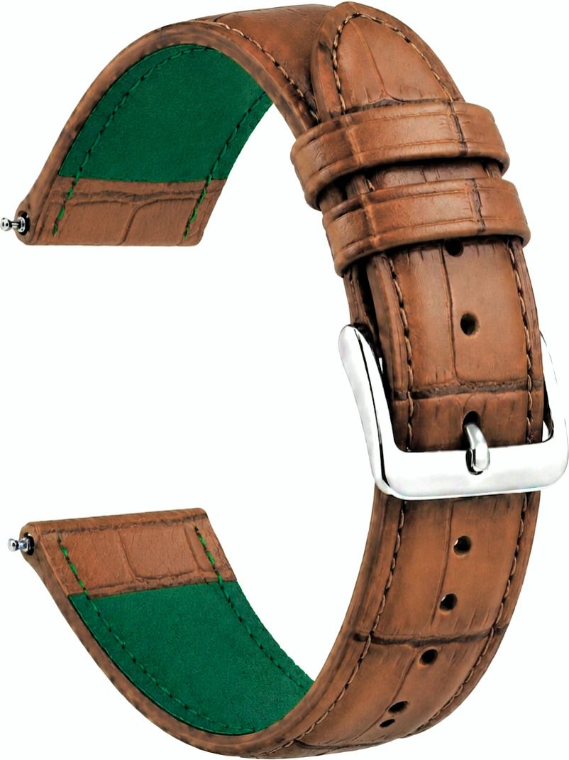 ShreejiShyam 22mm Tan Leather Watch Strap with Green Back | Croco Pattern | Silver Buckle 22 mm Genuine Leather Watch Strap-image-19