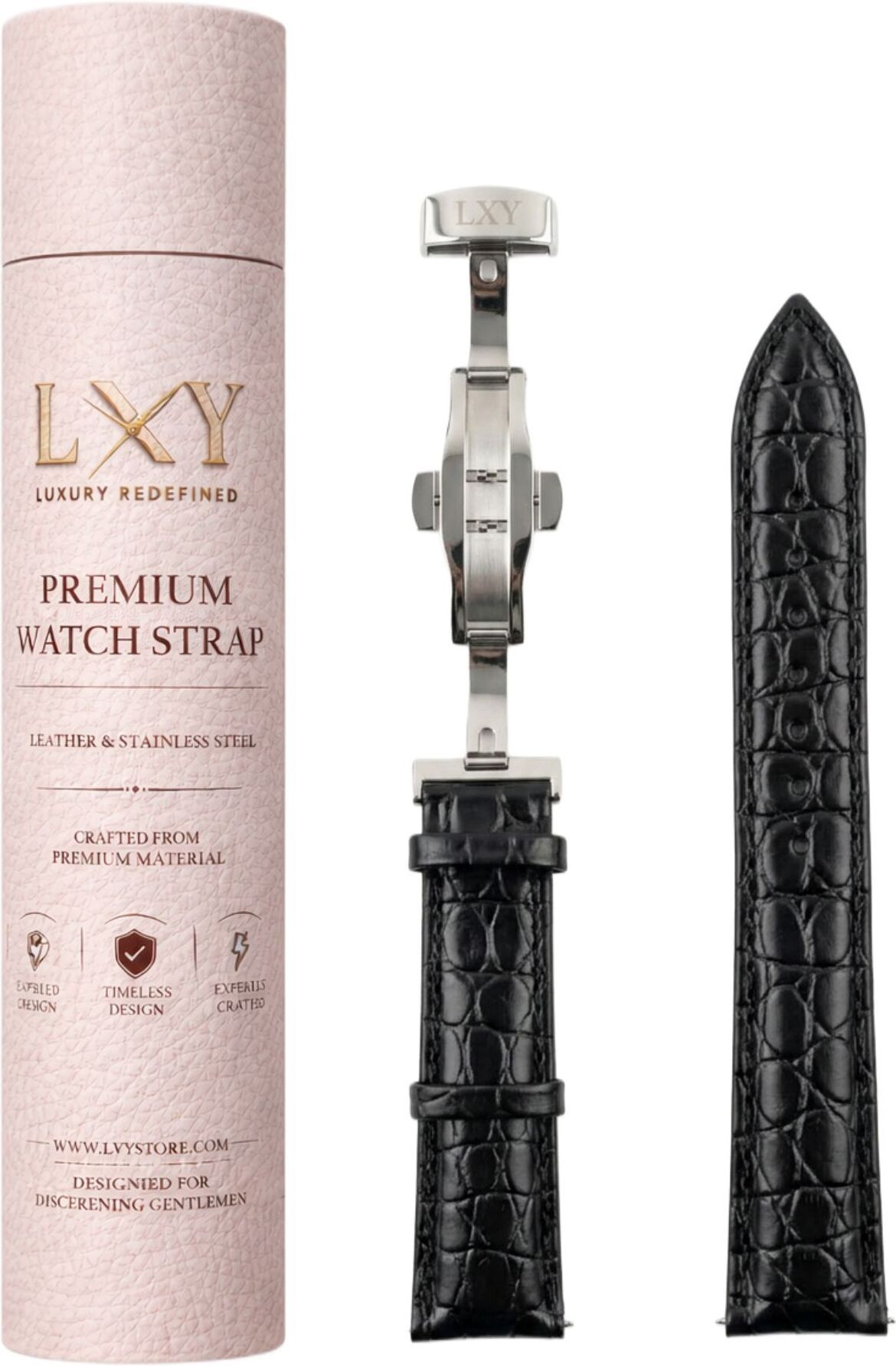VILEN Leather Strap with Premium Silver Butterfly Clasp and Crocodile Texture 20 mm Genuine Leather Watch Strap-image-2