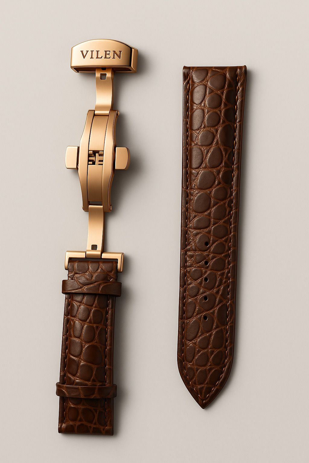 VILEN Premium Brown Alligator-Embossed Leather Strap with Rose Gold Butterfly Clasp 22 mm Genuine Leather Watch Strap-image-22