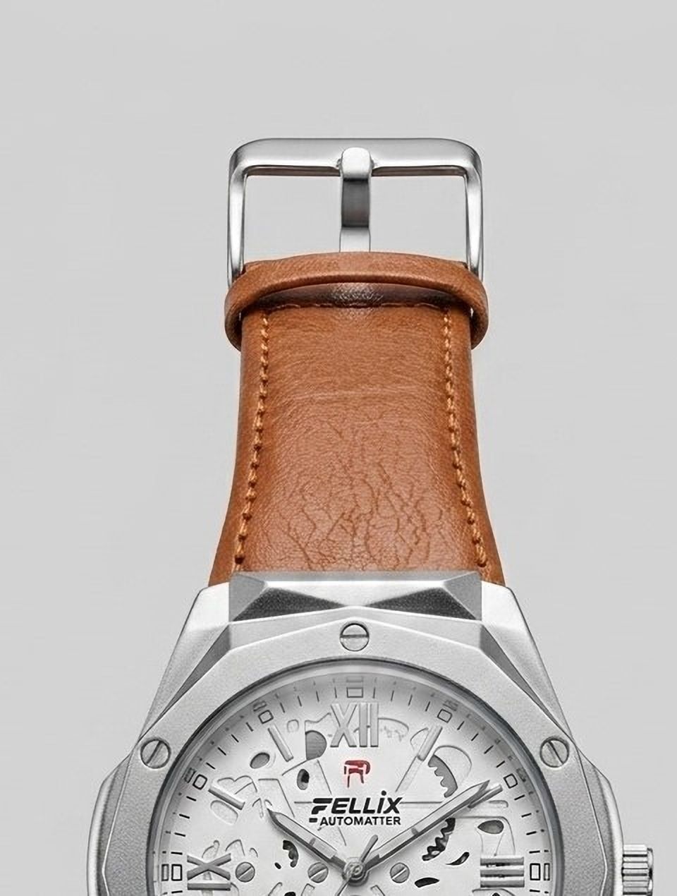 fitandfine FELLIX Mens Skeleton Analog Watch with Brown Leather Strap 25 mm Genuine Leather Watch Strap-image-17
