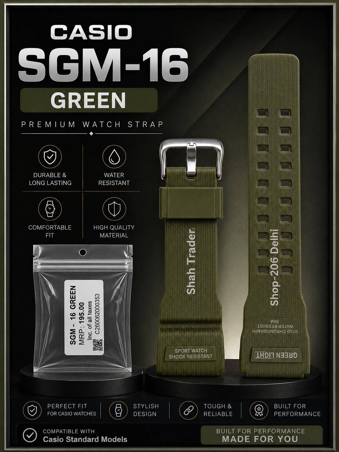RN Enterprises [SGM-16] CASIO GREEN PREMIUM WATCH STRAP 22 mm Resin Watch Strap-image-11