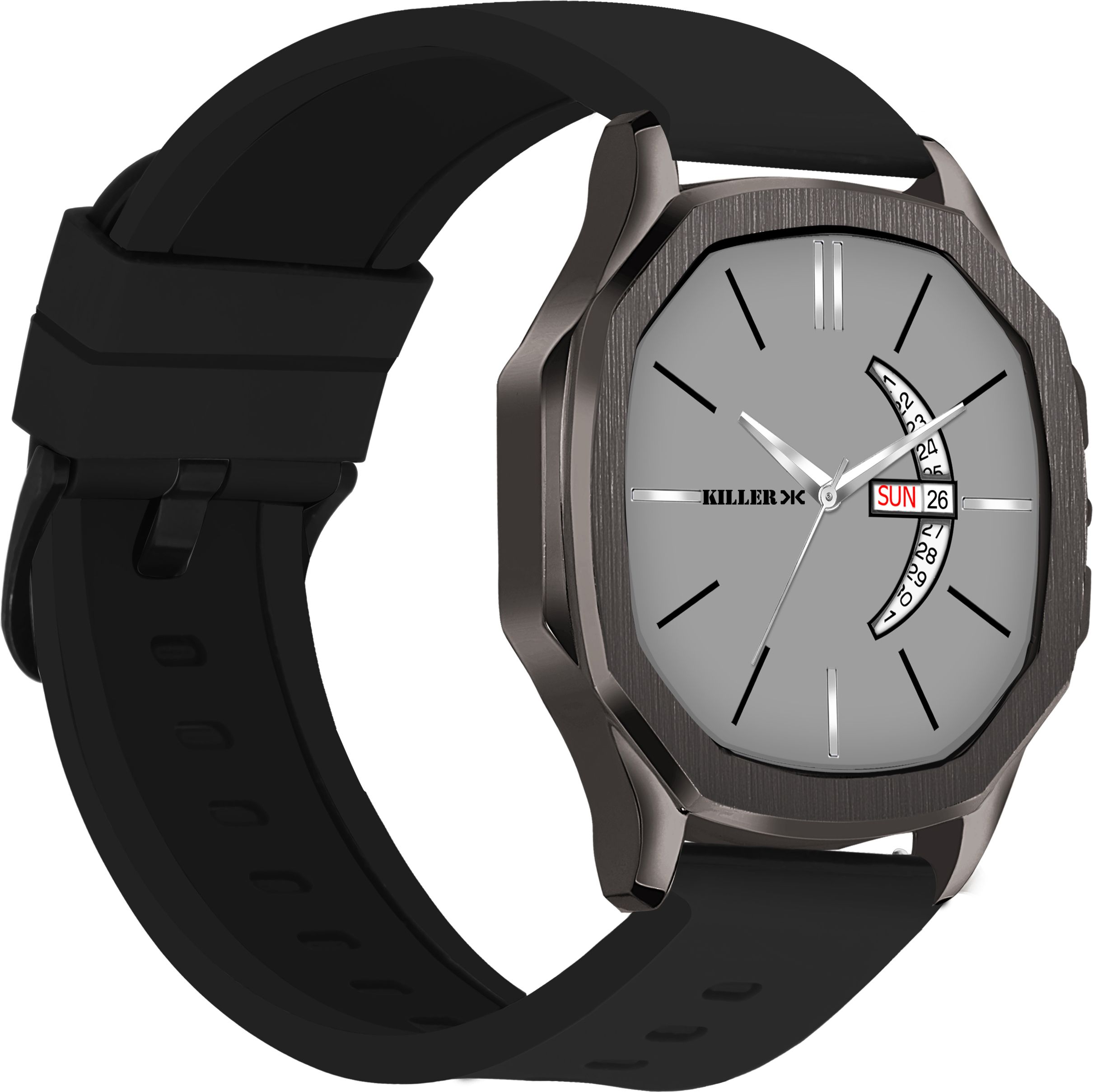 killer Hexa Gun Metal Series | Smart Watch Strap | 3D Glass | Smart Clip | Day & Date Analog Watch - For Men KLLR-917-GREY-BLACK-picture-24