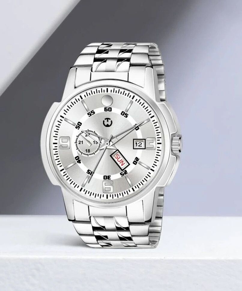 wizard times Men's Watch Silver Stainless Steel Strap Silver Day & Date Dial Water Resistant Analog Watch- For Men EH-226-BL-picture-12