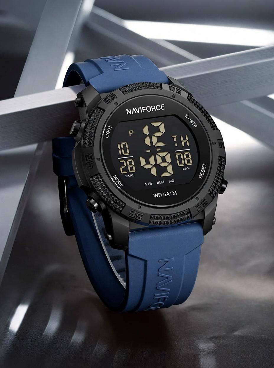 Blue silicone light weight strap multi-function round dial Digital Watch - For Men NF7104 LED Luminous Sports Design-image-45