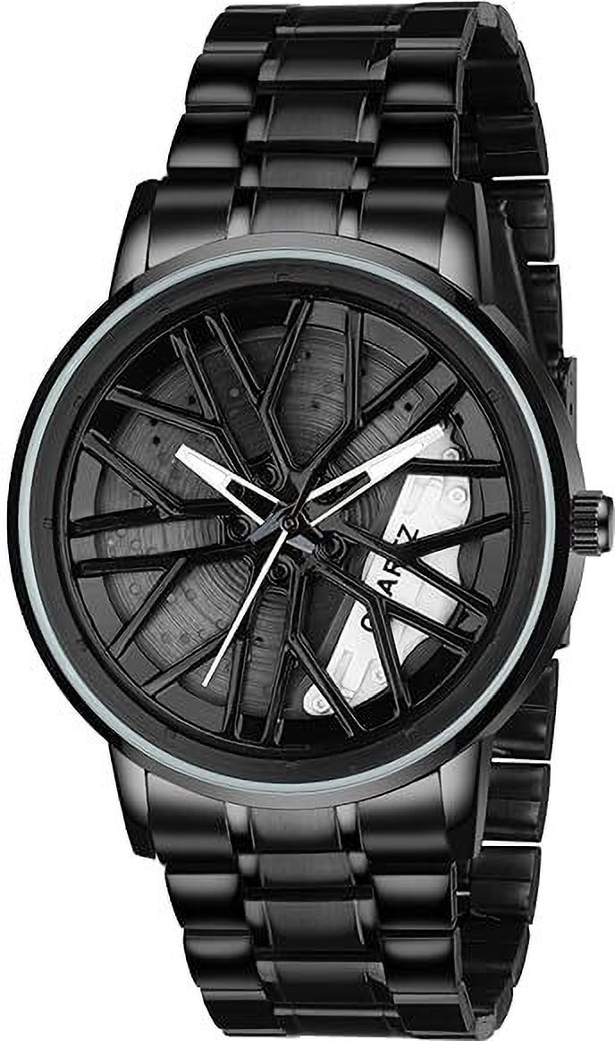 ab collection Men's Sporty Car Wheel Rim Dial Analog Watch - For Men Black Stainless Steel Strap with White Brake Caliper Detail-picture-6