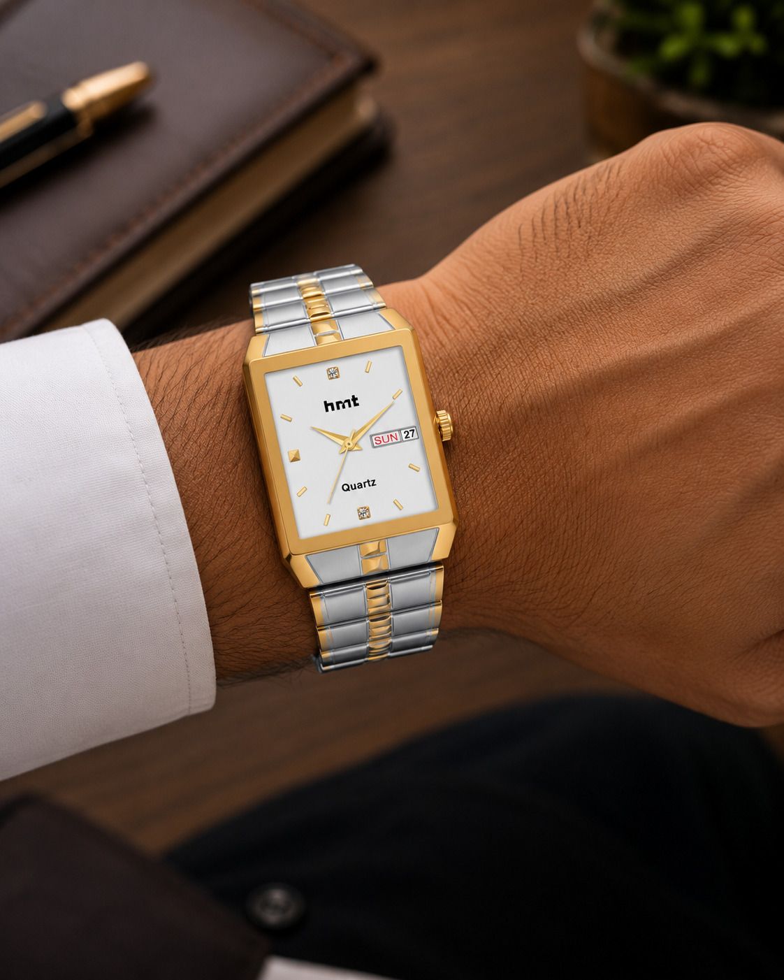 Analog Watch - For Men Day & Date Series Two Tone Plating Golden Metal Wrist Analog Watch For Men A2-image-15