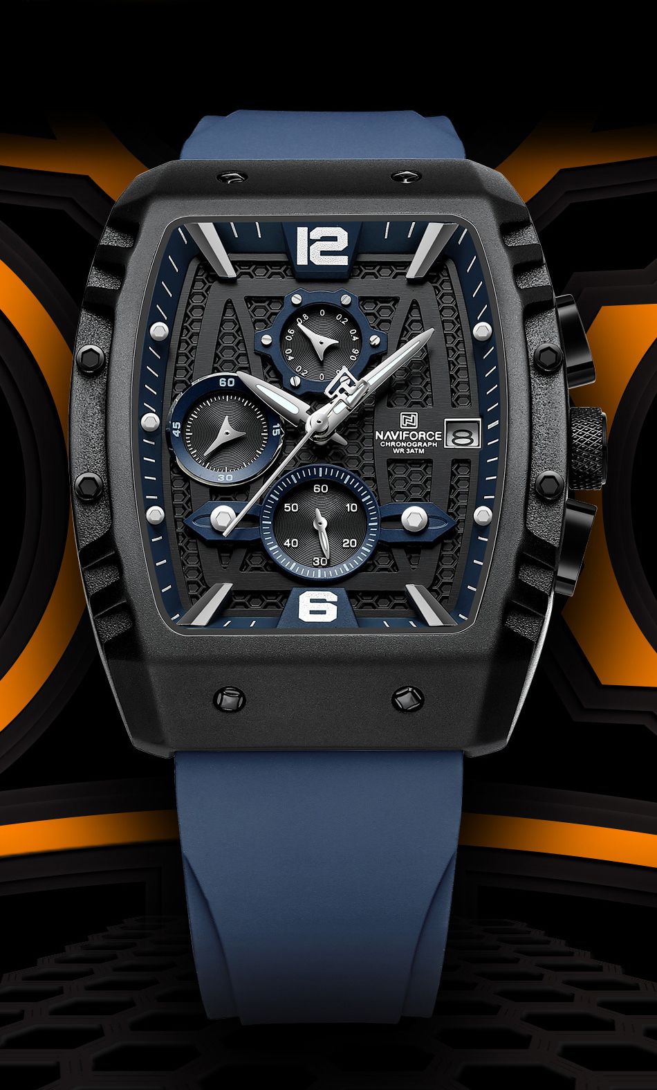 naviforce rose gold and black chronograph dial with soft stylish silicon strap waterproof Analog Watch - For Men 8025 multifunctional new square design-picture-13