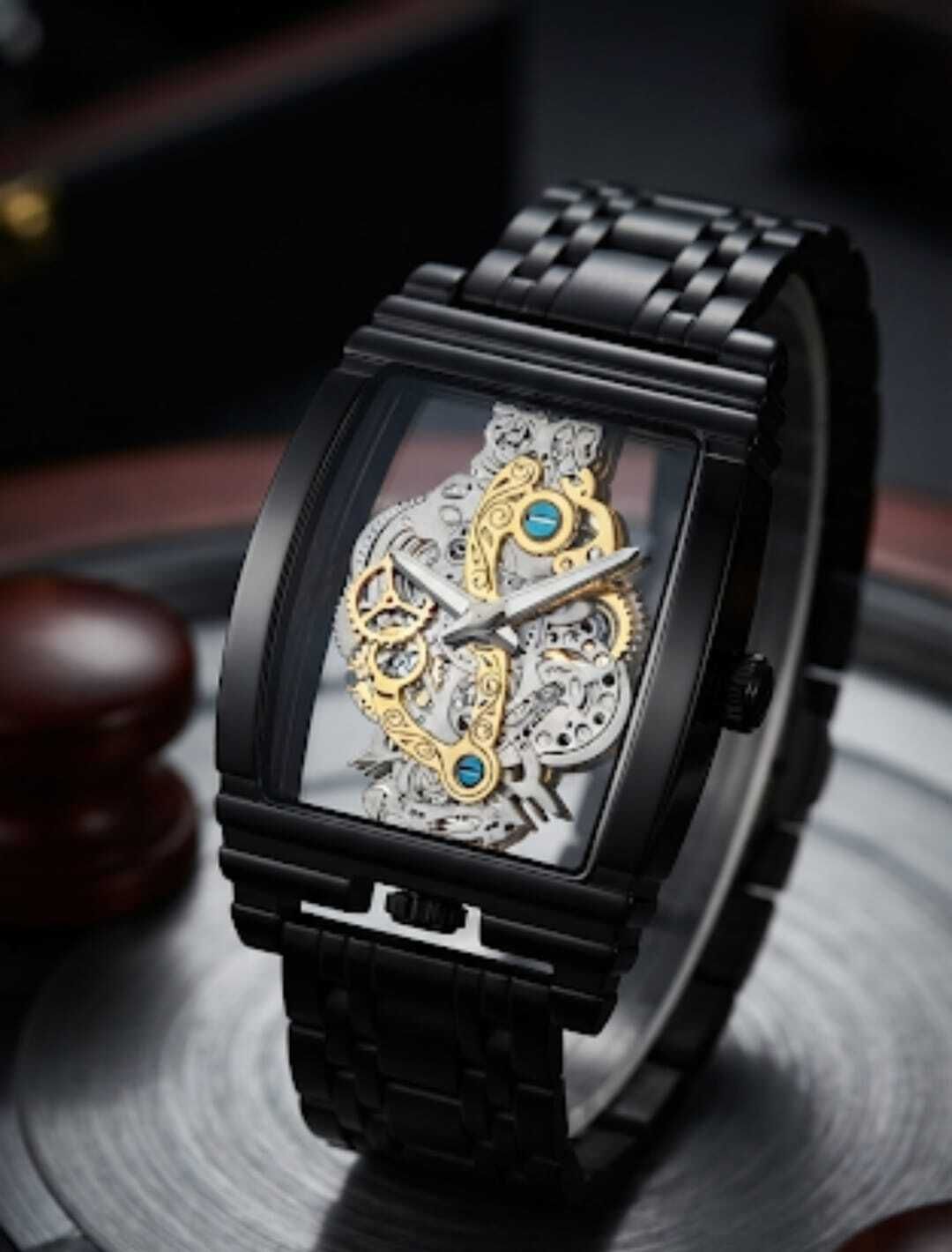 Modern Open-Work Dark Steel Analog Watch - For Men Skeleton Dial Statement Timepiece-image-36